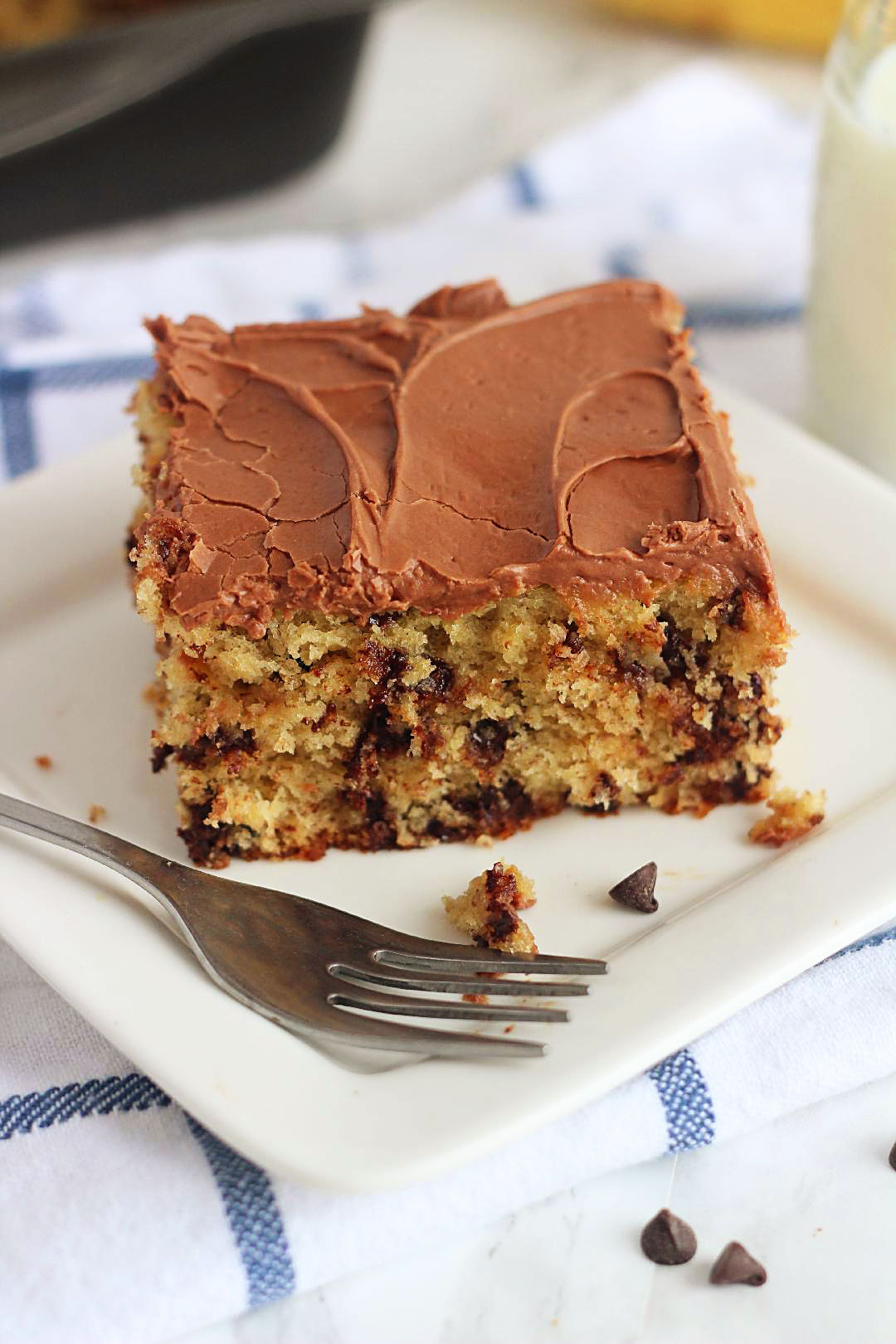 Chocolate Chip Banana Cake is a delicious, soft banana cake filled with chocolate chips and topped with a creamy chocolate frosting. Life-in-the-Lofthouse.com
