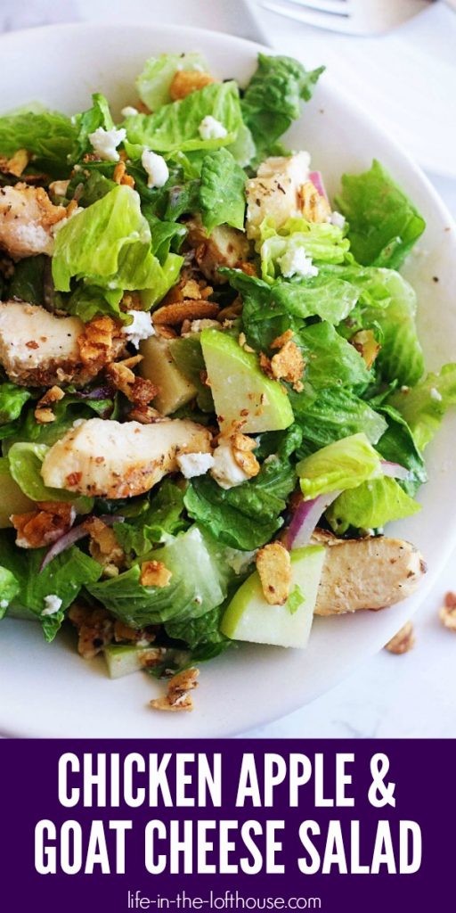 Chicken, Apple & Goat Cheese Salad is full of candied nuts, apples, goat cheese & chicken and tossed in a light champagne vinaigrette. Life-in-the-Lofthouse.com