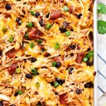 Sheet Pan Chicken Nachos are a must-make for game day or any party! Seasoned shredded chicken, black beans, cheese and more all loaded on top of tortilla chips!