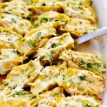 Chicken & Broccoli Alfredo Stuffed Shells is shredded chicken and broccoli combined with Alfredo sauce and stuffed inside jumbo pasta shells. Life-in-the-Lofthouse.com