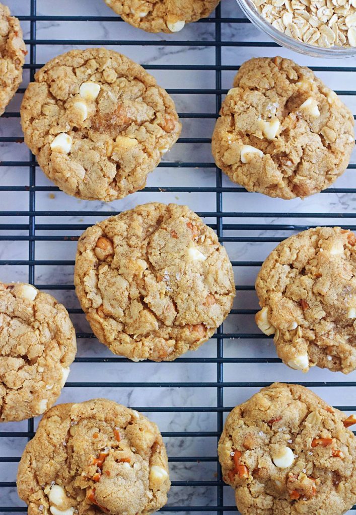 White Chocolate Chip Caramel Pretzel Cookies are loaded with oatmeal, white chocolate chips, caramel bits and pretzel pieces. Life-in-the-Lofthouse.com
