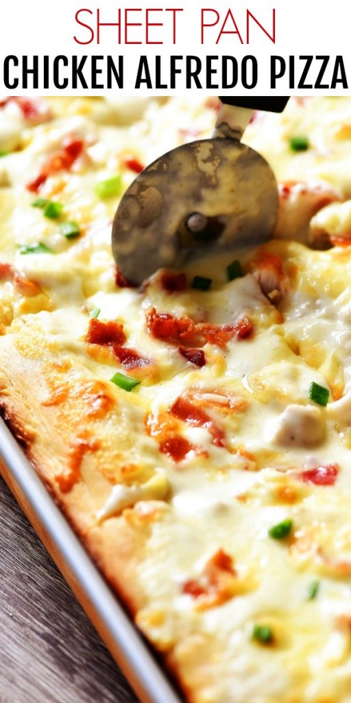 Sheet Pan Chicken Alfredo Pizza is a simple homemade pizza dough topped with creamy Alfredo sauce, grilled chicken, bacon and Mozzarella cheese. Life-in-the-Lofthouse.com