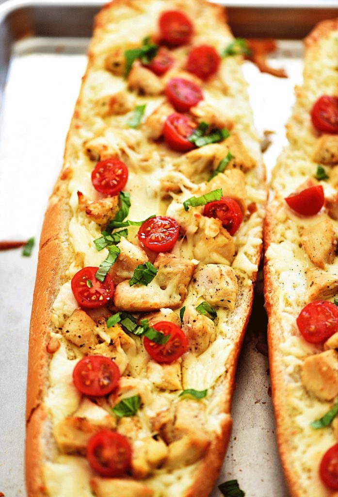 Garlic Bread with Chicken, Cheese, and Tomatoes
