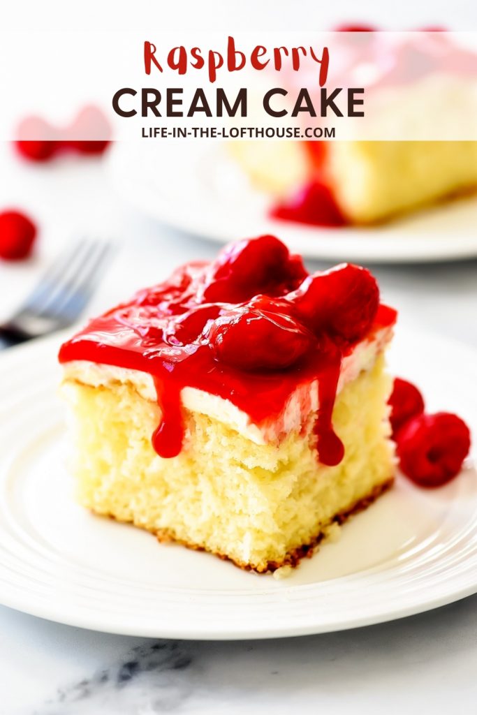 Raspberry Cream Cake is a moist and delicious white cake with a whipped cream cheese layer and raspberry glaze topping. These wonderful flavors together are amazing!