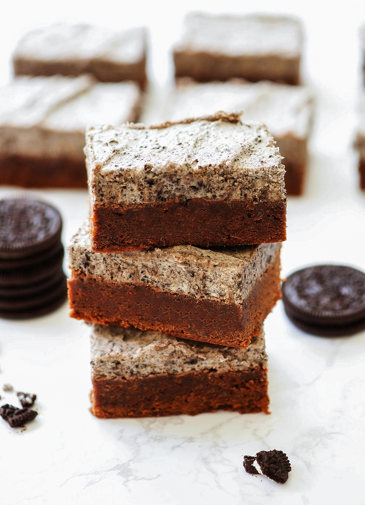 Cookies and Cream Brownies are chocolate fudge brownies slathered with a creamy Oreo frosting. Life-in-the-Lofthouse.com