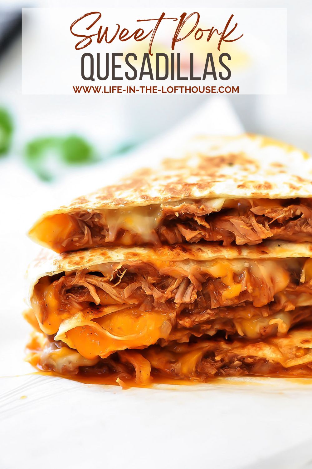 Sweet Pork Quesadillas start with savory, sweet shredded pork and loads of cheddar and Monterey jack cheese between two crispy flour tortillas. Life-in-the-Lofthouse.com