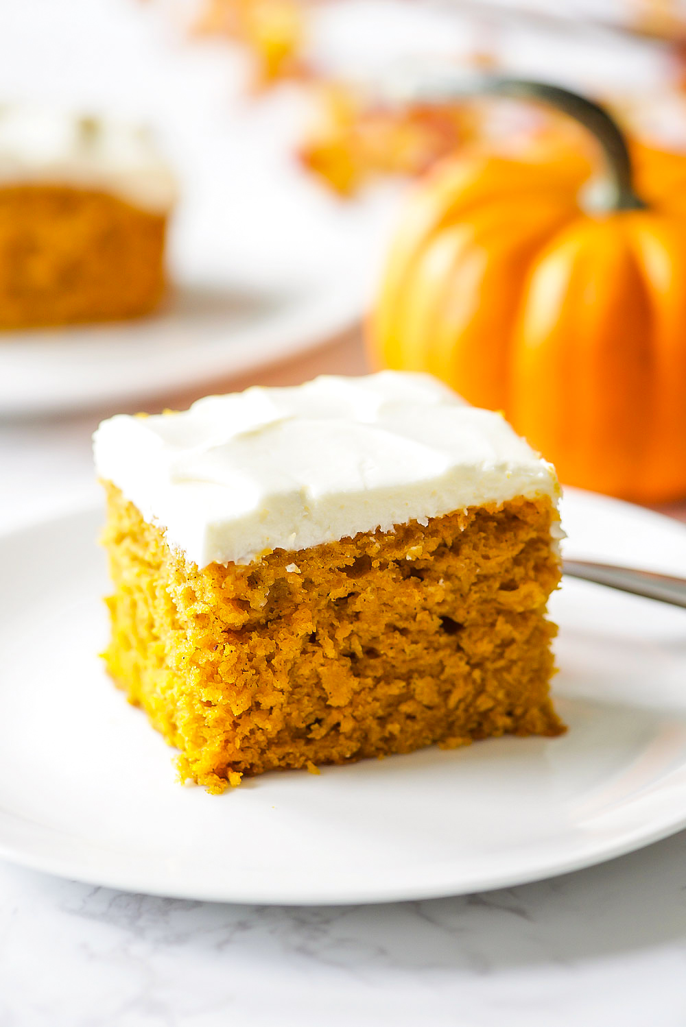 Pumpkin Cake with Cream Cheese frosting is a moist and fluffy pumpkin cake with the perfect cream cheese frosting topping it. Life-in-the-Lofthouse.com