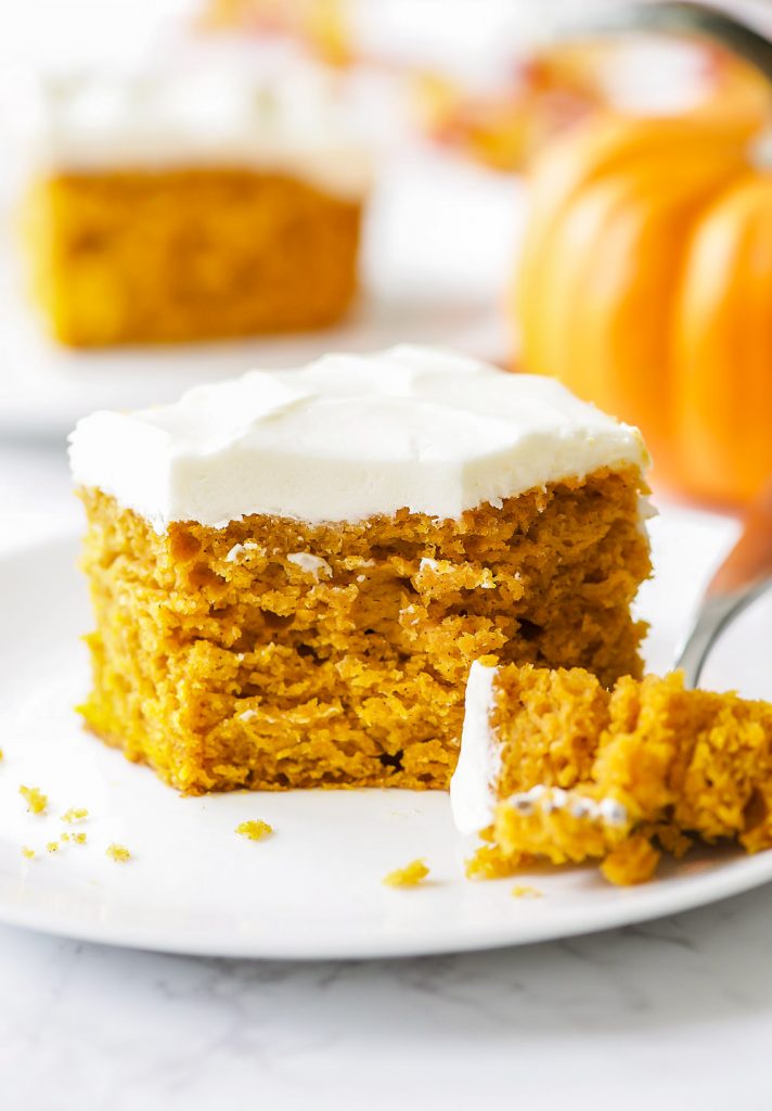 Pumpkin Cake with Cream Cheese frosting is a moist and fluffy pumpkin cake with the perfect cream cheese frosting topping it. Life-in-the-Lofthouse.com