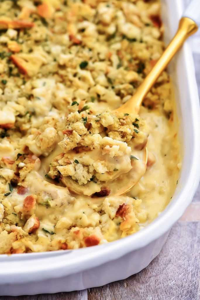 Chicken Stuffing Bake has layers of seasoned chicken, creamy soup and stuffing. Life-in-the-Lofthouse.com