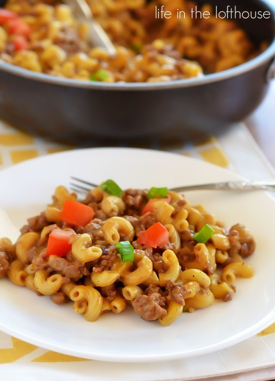 Cheesy Hamburger Skillet with pasta, ground beef, sauce and cheese. 