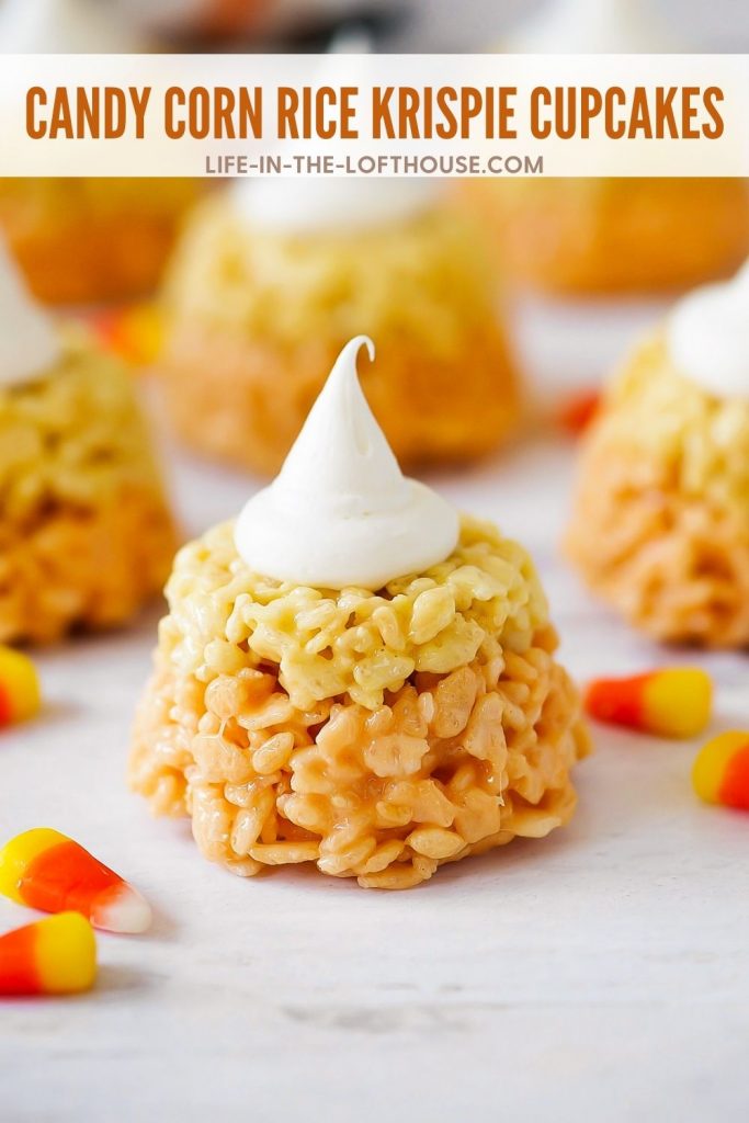 Candy Corn Rice Krispie Cupcakes are rice krispie treats colored and shaped just like a candy corn. Life-in-the-Lofthouse.com