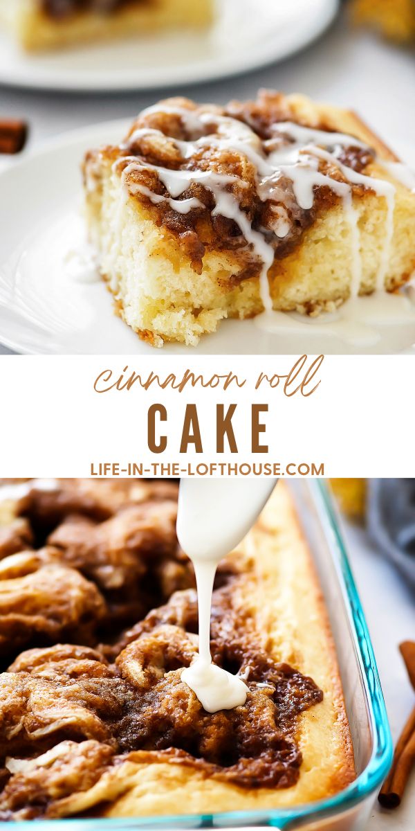 Cinnamon Roll Cake is a moist and buttery cinnamon cake with a creamy vanilla glaze drizzled over the top. Life-in-the-Lofthouse.com