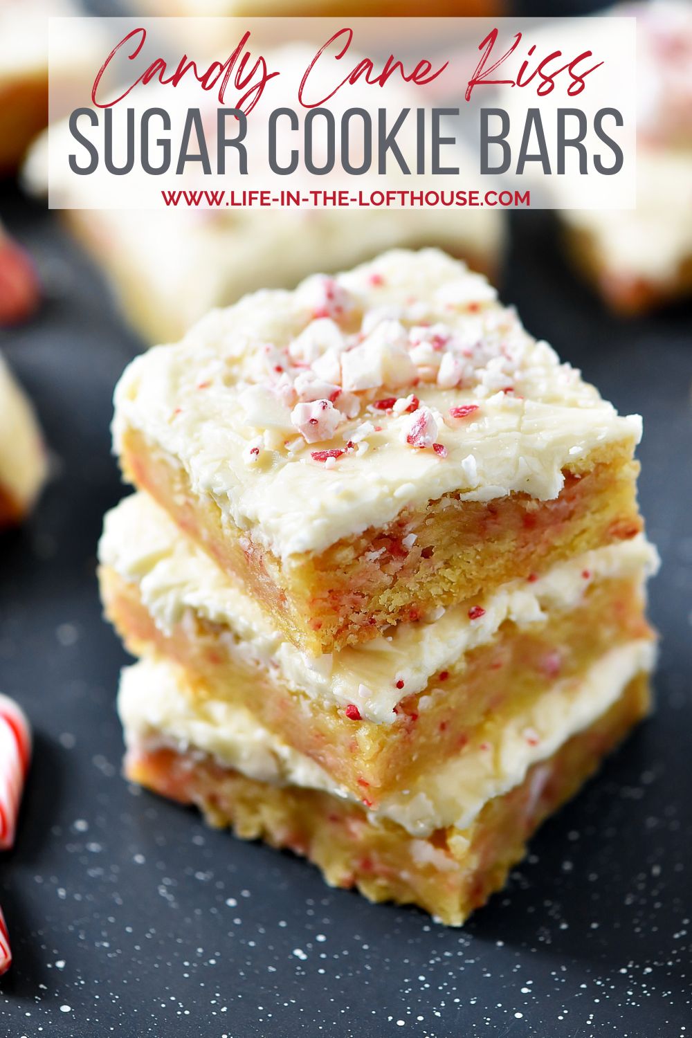Delicious, soft sugar cookie bars filled and topped with candy cane Hershey kisses. Life-in-the-Lofthouse.com