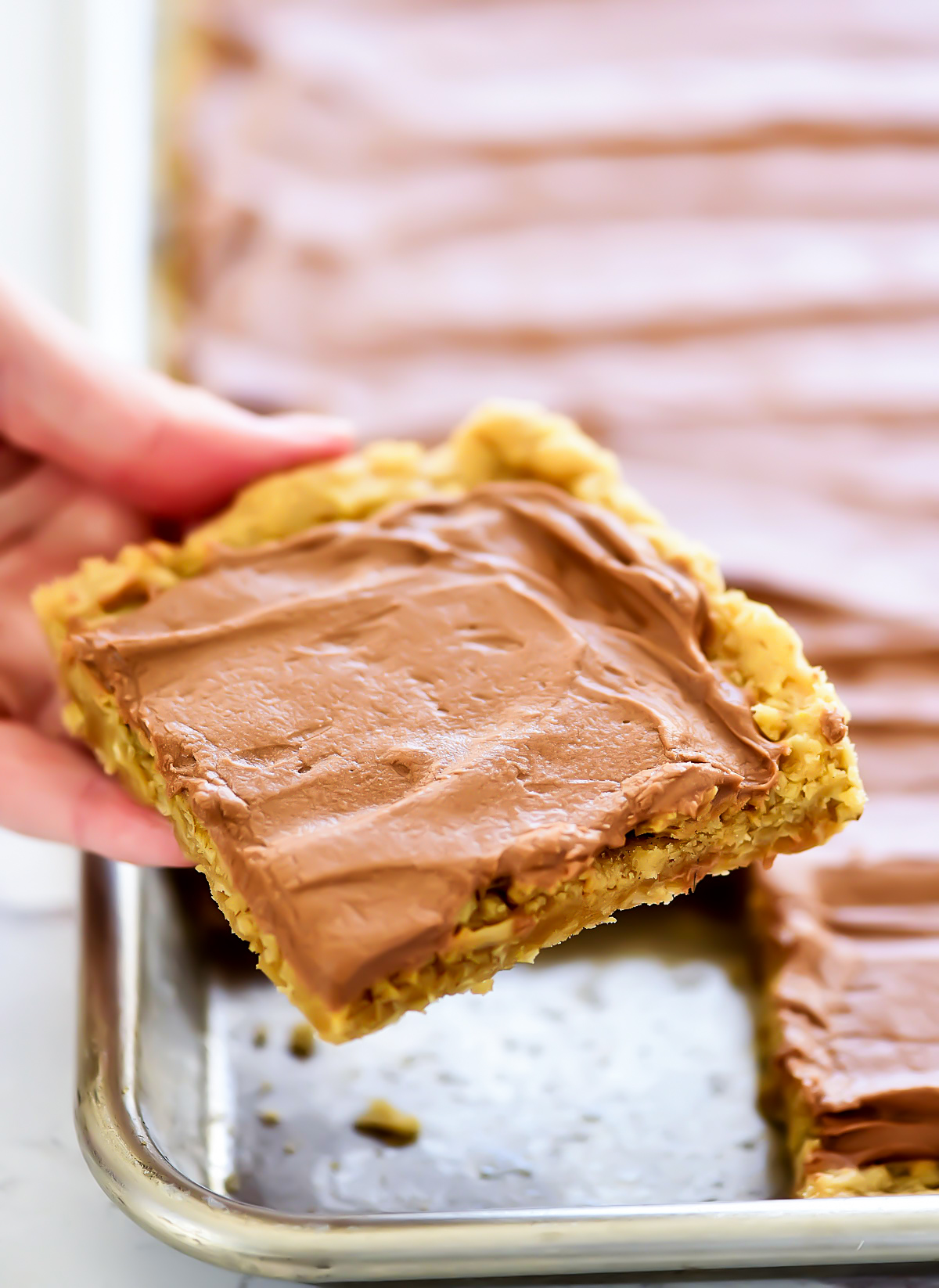Lunch Lady Peanut Butter Bars are peanut butter cookie bars topped with chocolate frosting. Life-in-the-Lofthouse.com