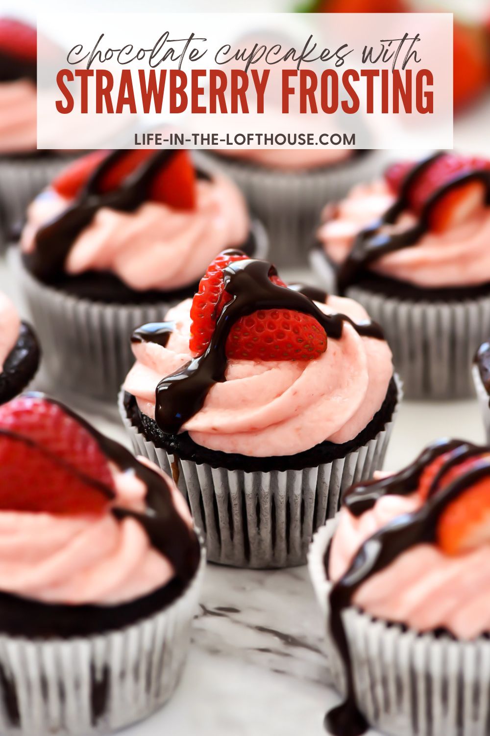 Chocolate Cupcakes topped with fresh strawberry frosting. Life-in-the-Lofthouse.com
