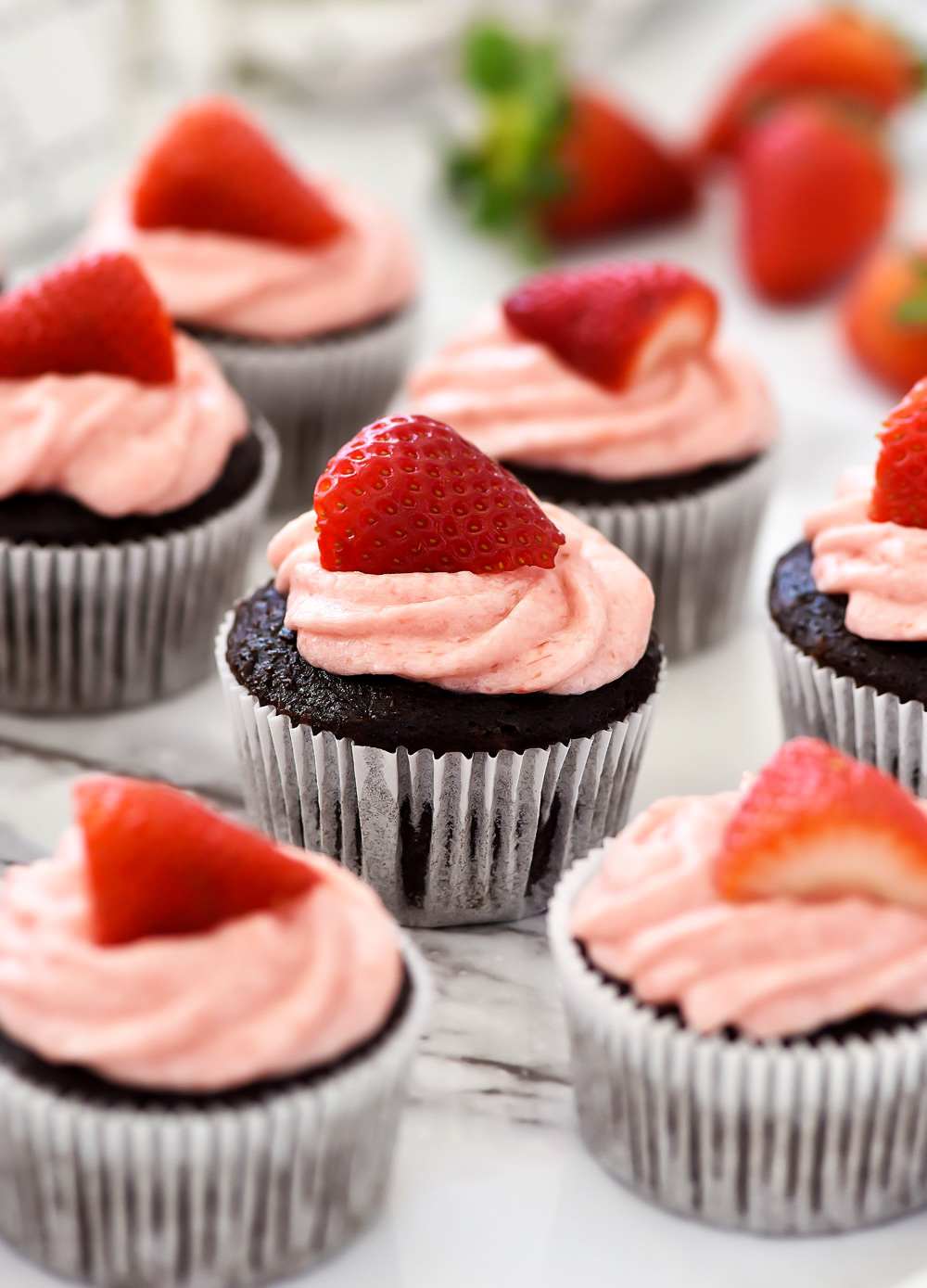 Chocolate Cupcakes topped with fresh strawberry frosting. Life-in-the-Lofthouse.com