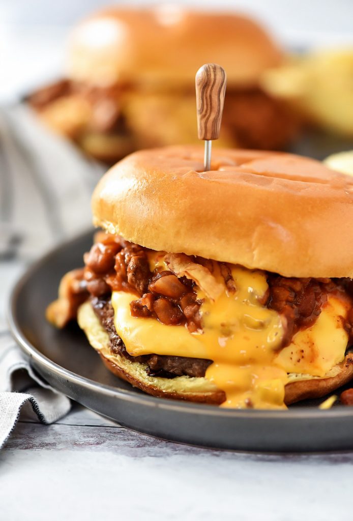 Cheeseburgers topped with warm chili, melty cheese and crispy onion strings. Life-in-the-Lofthouse.com