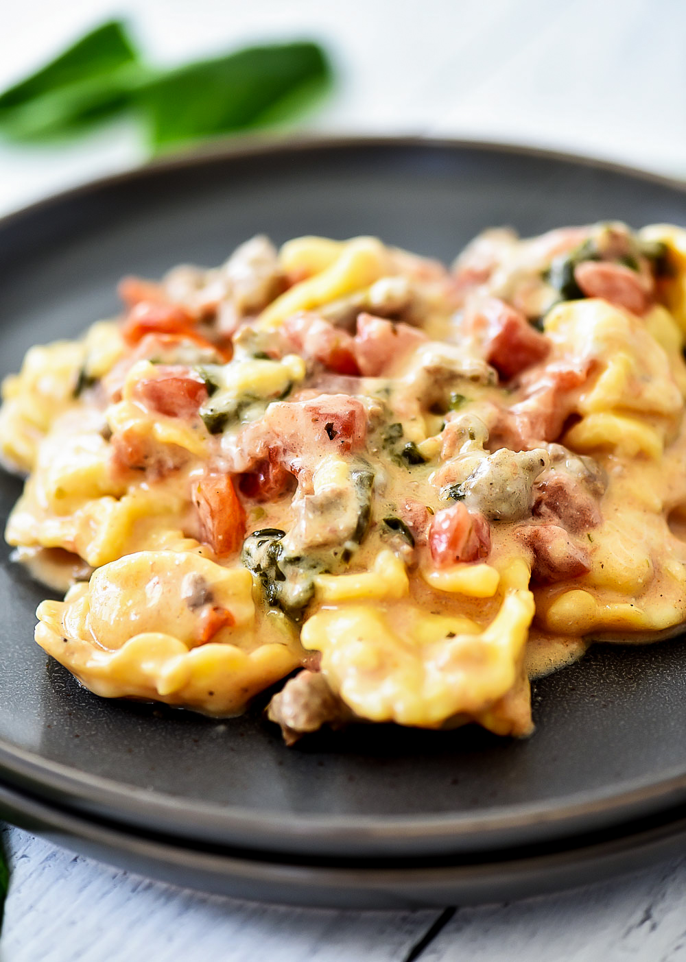 Sausage, cheese tortellini, spinach, diced tomatoes and cheese create this Slow Cooker Sausage and Cheese Tortellini. Life-in-the-Lofthouse.com