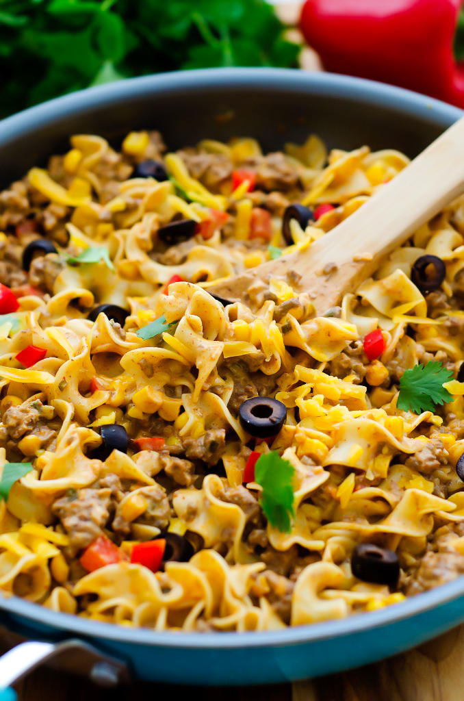 A delicious skillet dinner loaded with taco flavored beef and comforting noodles.