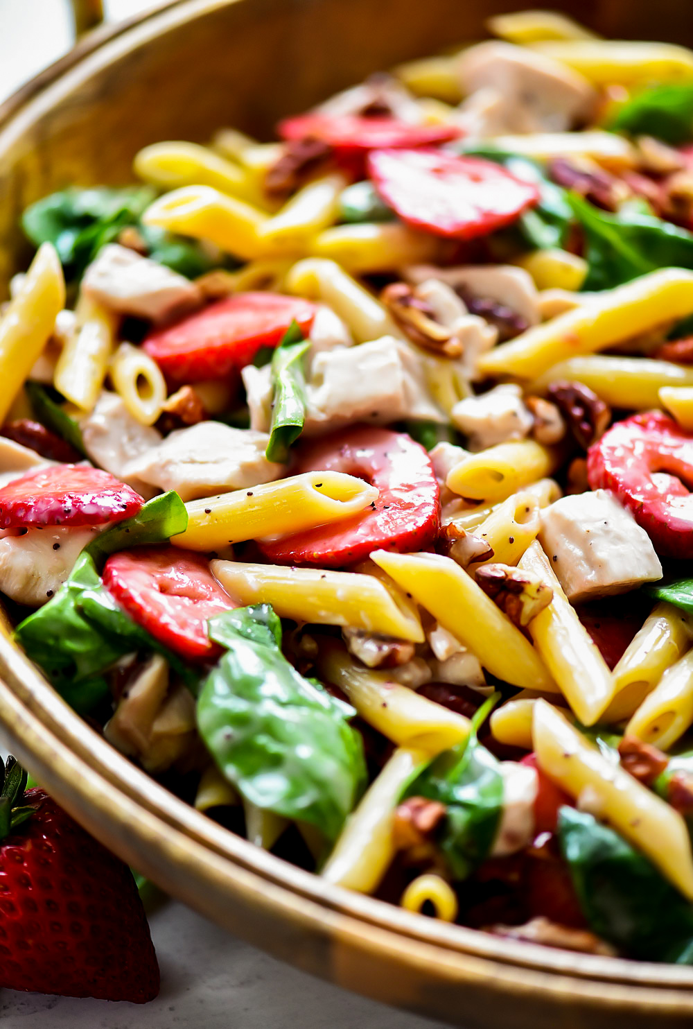 Strawberry Chicken and Spinach Pasta Salad is packed with flavor from grilled chicken, strawberries, spinach and poppy seed dressing. Life-in-the-Lofthouse.com