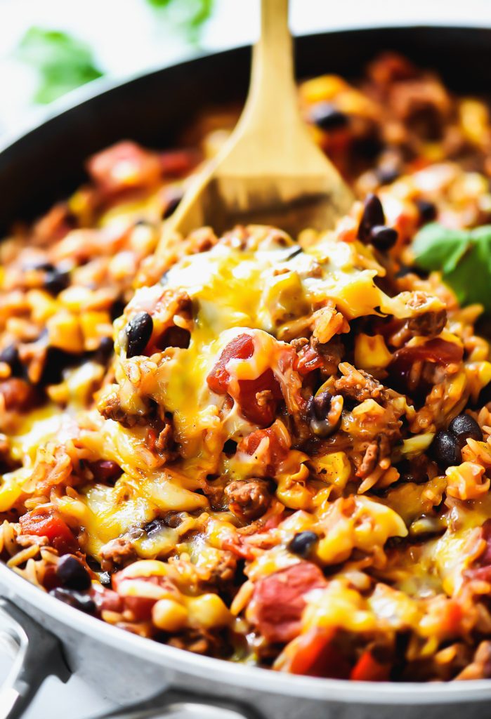 Beef Burrito Skillet is loaded with lean ground beef, jasmine rice, beans, cheese and more. Life-in-the-Lofthouse.com