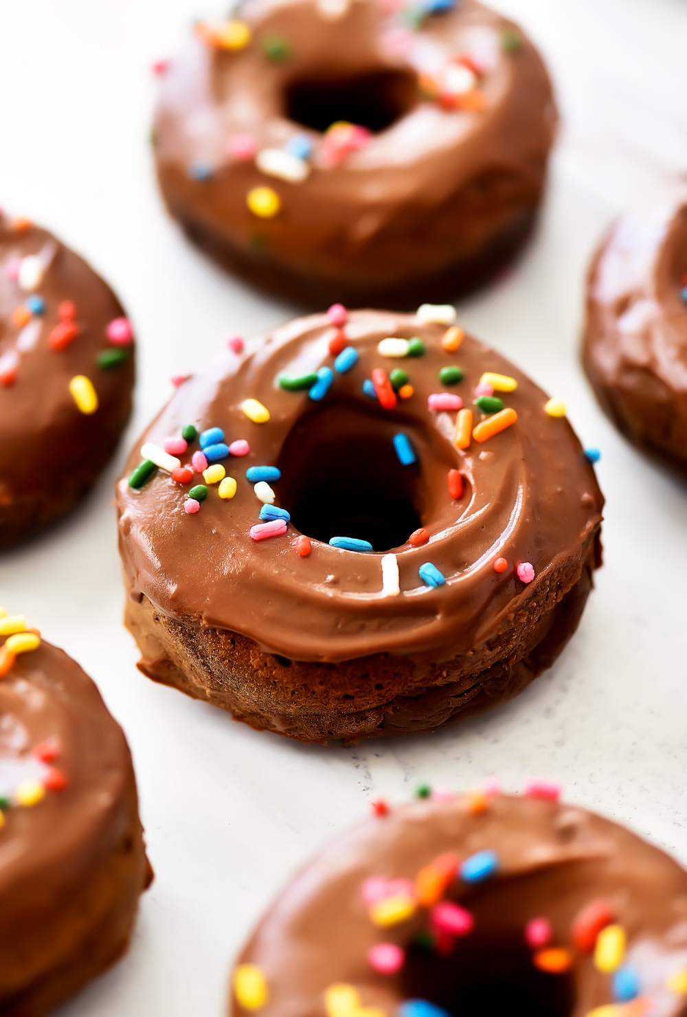 Chocolate protein donuts with rainbow sprinkles. Life-in-the-Lofthouse.com