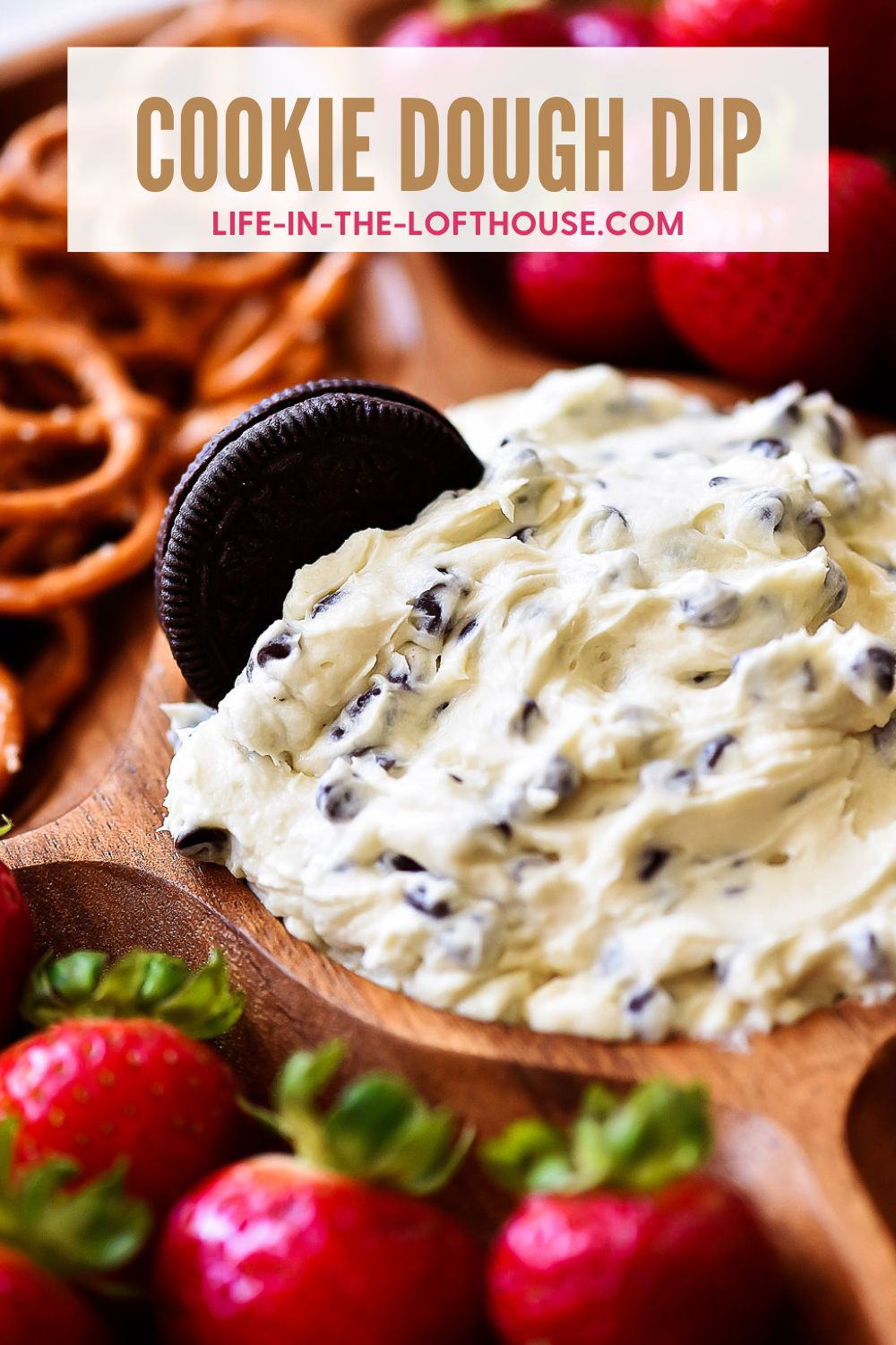 Cookie dough dip is an eggless dough filled with butter, cream cheese, sugar and chocolate chips. Life-in-the-Lofthouse.com