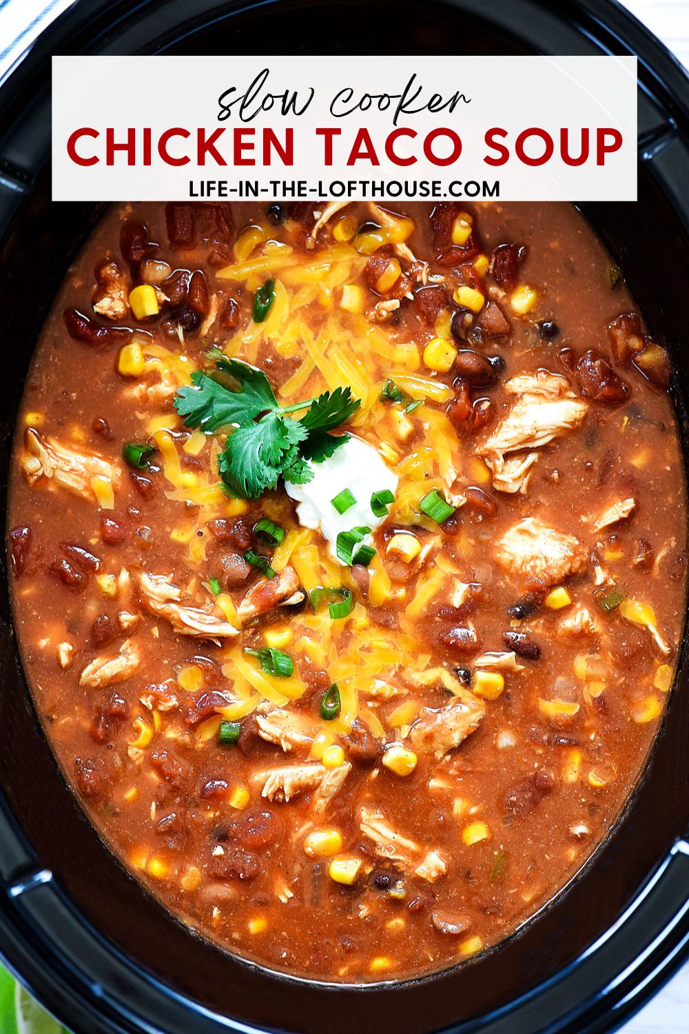 Chicken Taco Soup made in a slow cooker with chicken breasts, beans, corn, tomato sauce, chicken broth and taco seasoning. Life-in-the-Lofthouse.com