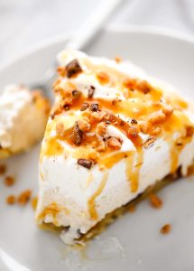 Caramel Cream Pie is filled with a sweet cream cheese and caramel filling over a sugar cookie crust.