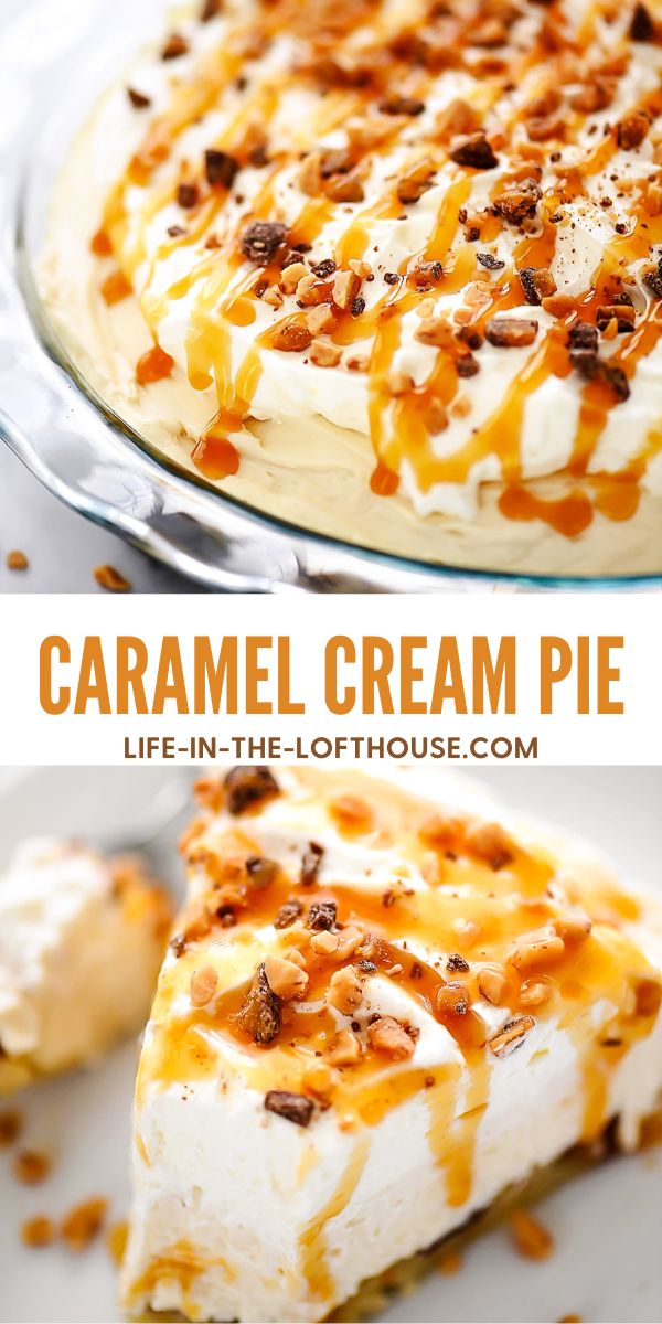 Caramel Cream Pie is filled with a sweet cream cheese and caramel filling over a sugar cookie crust.