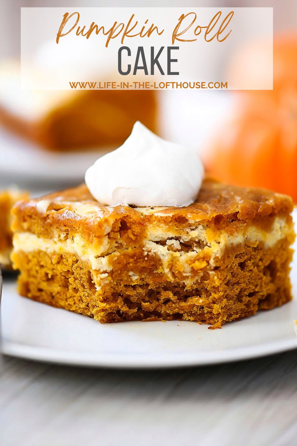Pumpkin Roll Cake has layers of spice pumpkin cake with a cream cheese filling.