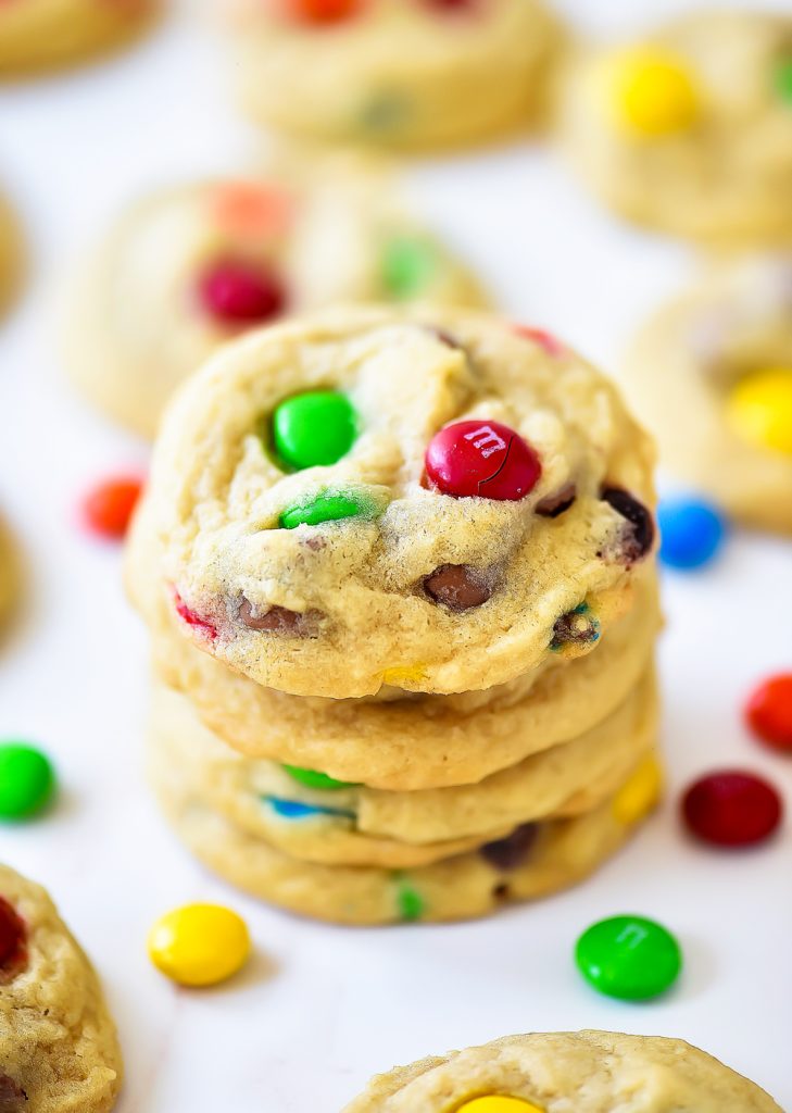 M&M chocolate cookies that are soft and chewy.