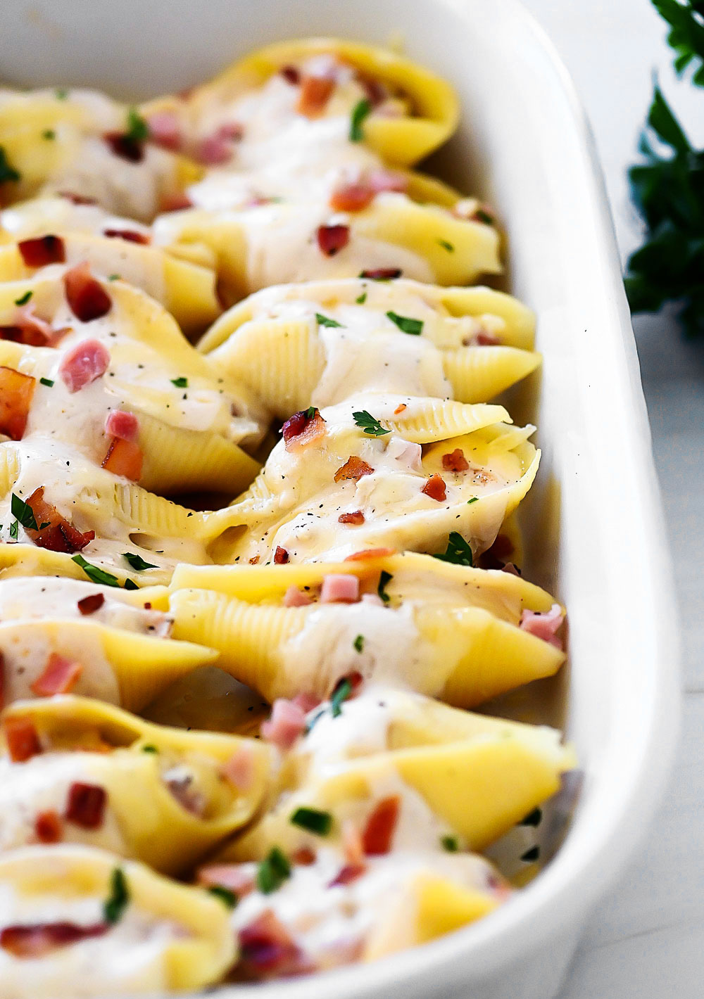 Jumbo pasta shells stuffed with chicken, ham and bacon covered in Alfredo sauce and cheese.