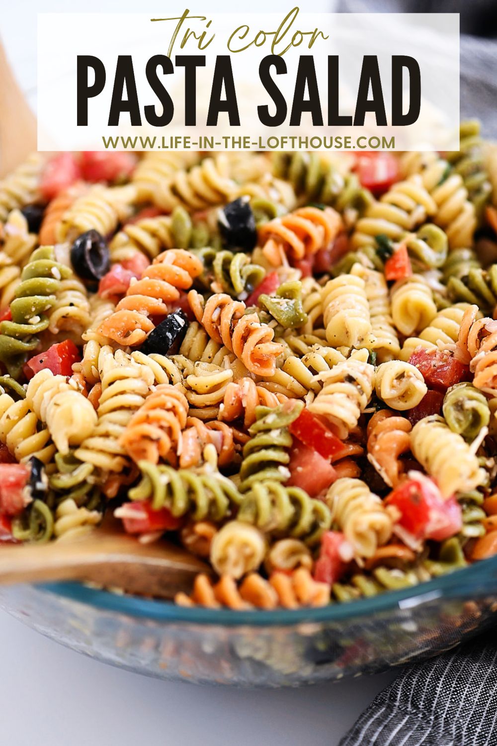 Tri Color Pasta Salad is filled with noodles, fresh veggies, and Parmesan cheese. It’s tossed in a creamy Caesar dressing and basil pesto. Life-in-the-Lofthouse.com