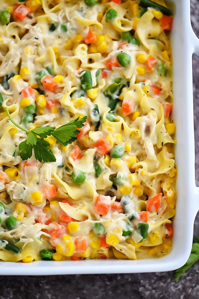 Chicken Noodle Casserole is filled with chicken, veggies and noodles- just like the famous chicken noodle soup. Life-in-the-Lofthouse.com