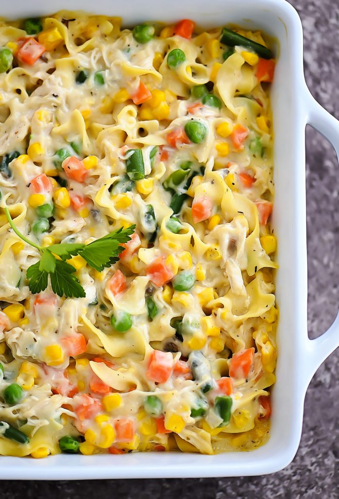 Chicken Noodle Casserole is filled with chicken, veggies and noodles- just like the famous chicken noodle soup. Life-in-the-Lofthouse.com