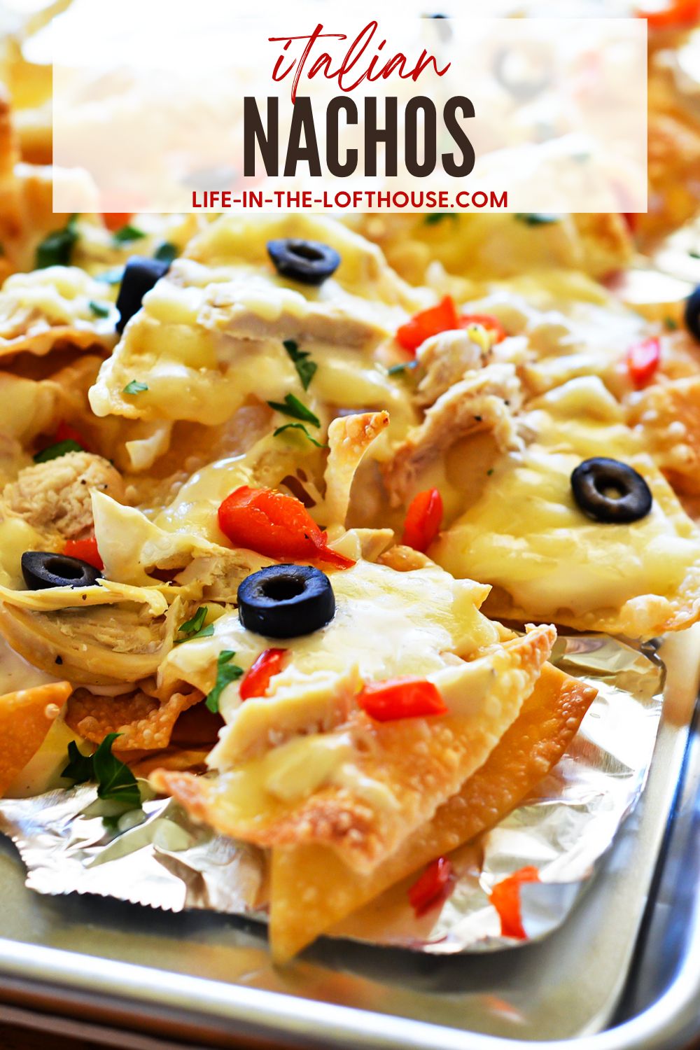 These Italian nachos are made with crispy wontons, shredded chicken, bell peppers, and olives smothered in Alfredo sauce and cheese. Life-in-the-Lofthouse.com