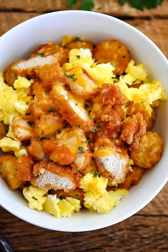 Chicken, Eggs, and Hash browns are packed inside these Chicken Scramble Bowls.