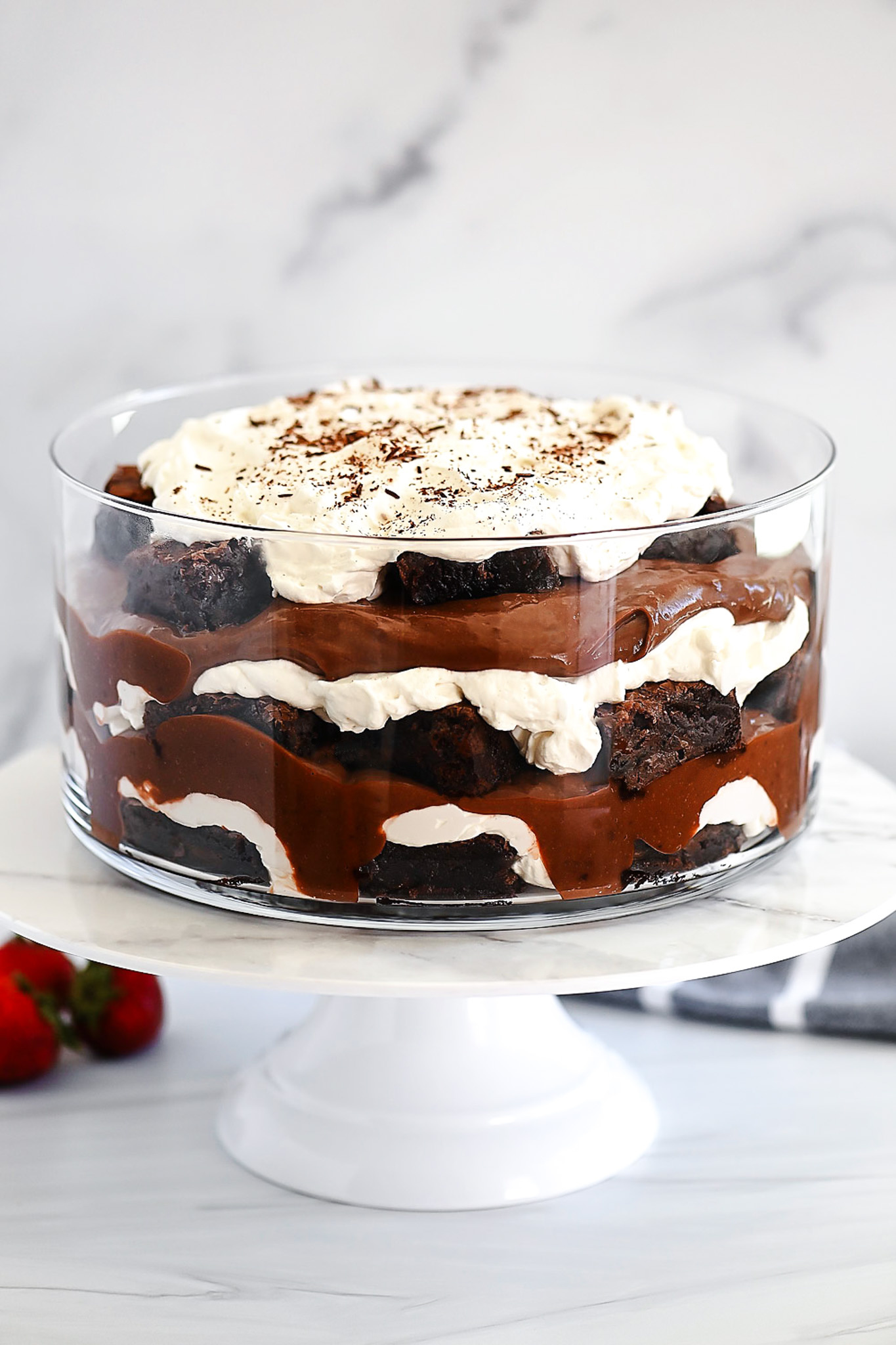 Layers of chocolate pudding, brownies and fresh whipped cream are inside this Brownie Trifle. Life-In-The-Lofthouse.com