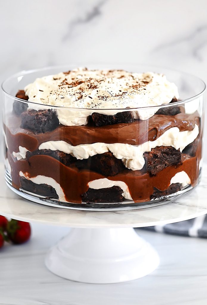 Layers of chocolate pudding, brownies and fresh whipped cream are inside this Brownie Trifle. Life-In-The-Lofthouse.com