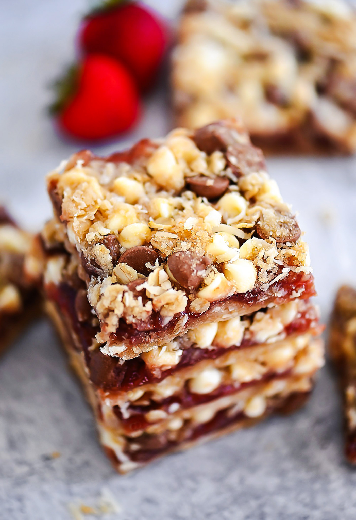 Bliss Bars with strawberry jam and chocolate.