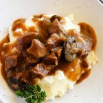 Decadent beef tips cooked with a rich mushroom gravy.