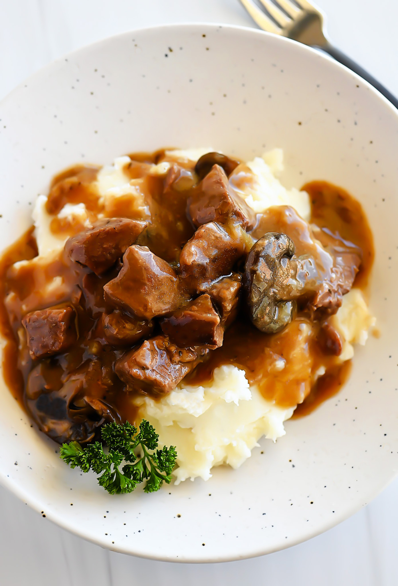 Decadent beef tips cooked with a rich mushroom gravy.