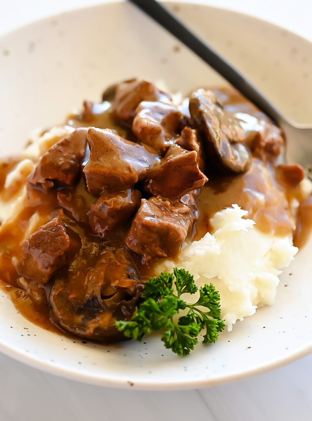 Decadent beef tips cooked with a rich mushroom gravy.