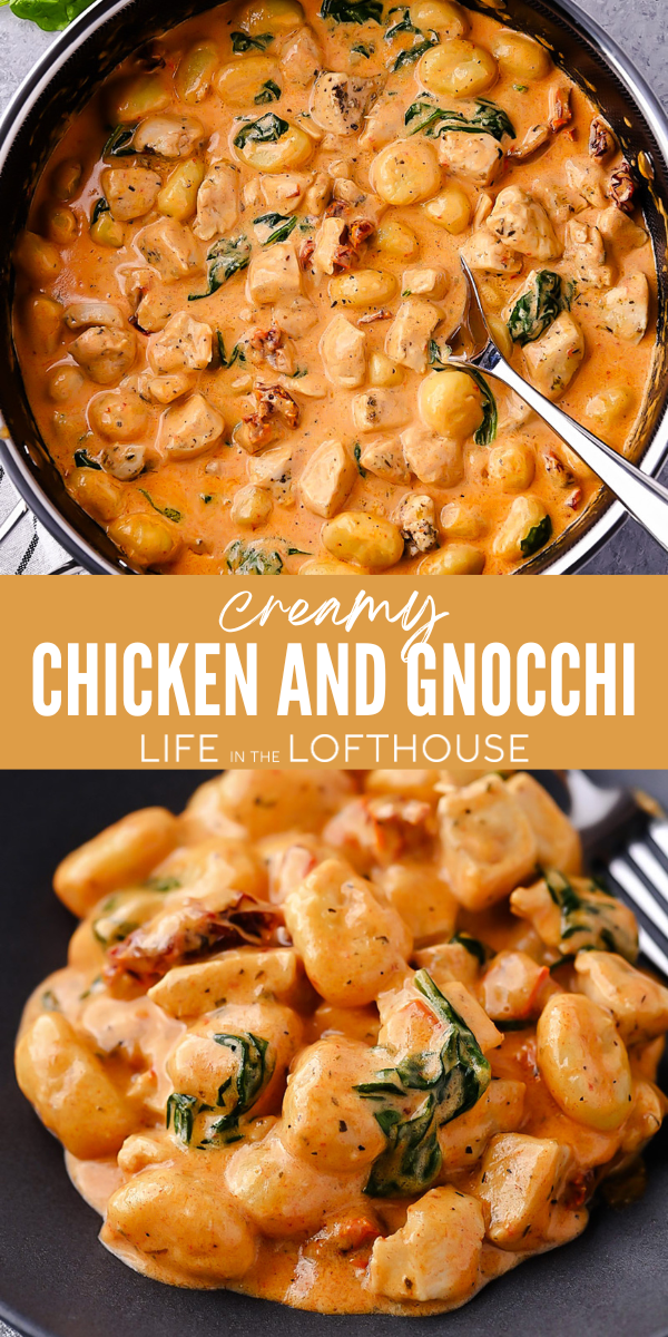 Creamy Chicken and Gnocchi, featuring tender chicken, sun-dried tomatoes, spinach, and a rich Parmesan cream sauce.