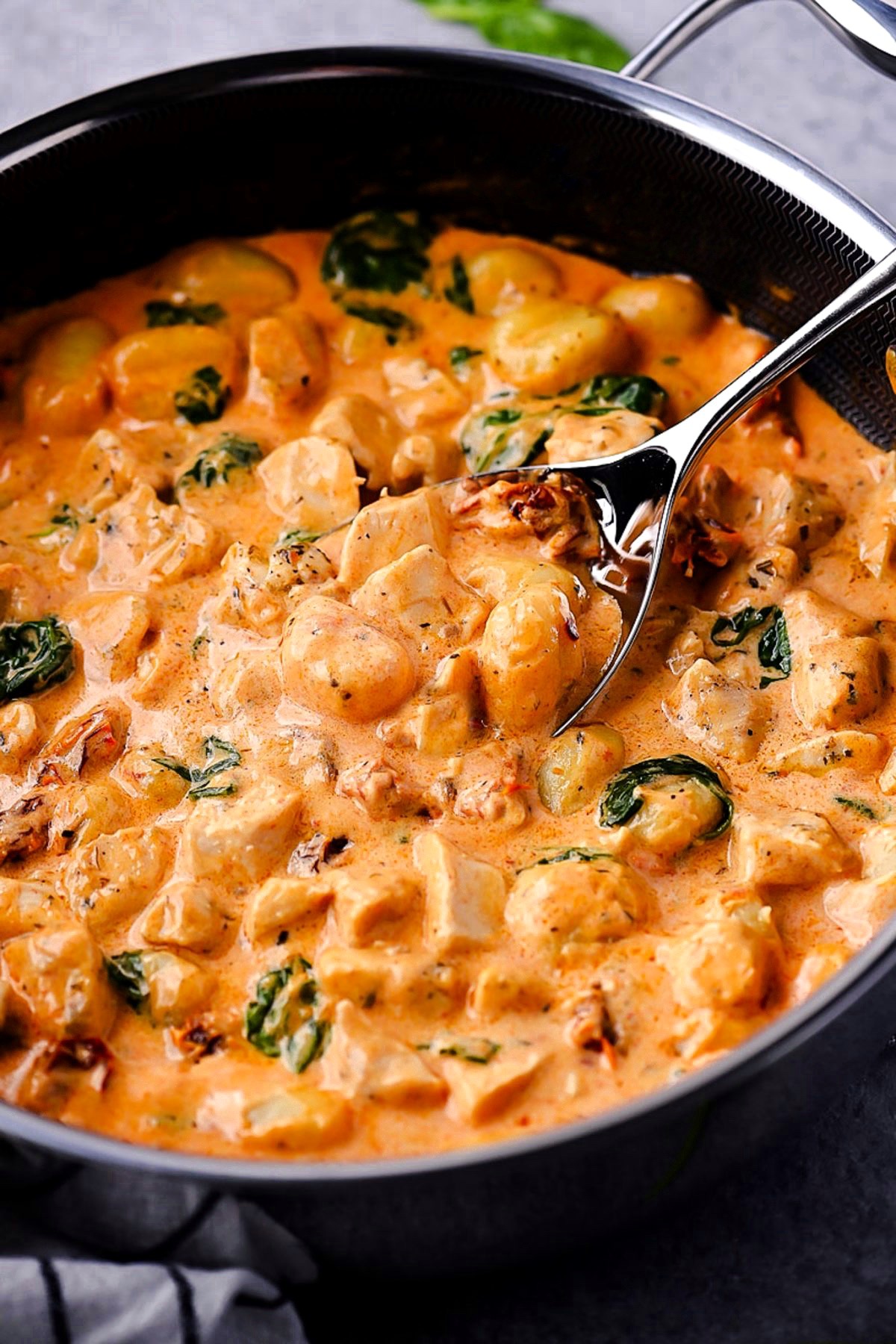 Creamy Chicken and Gnocchi, featuring tender chicken, sun-dried tomatoes, spinach, and a rich Parmesan cream sauce.