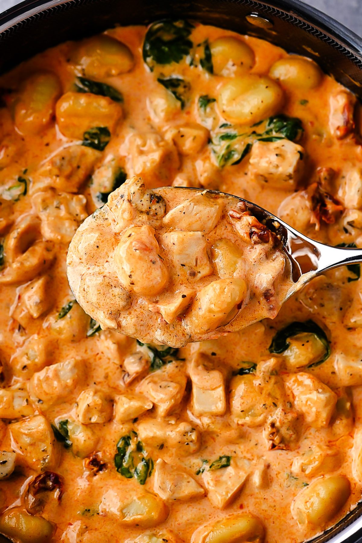 Creamy Chicken and Gnocchi, featuring tender chicken, sun-dried tomatoes, spinach, and a rich Parmesan cream sauce.