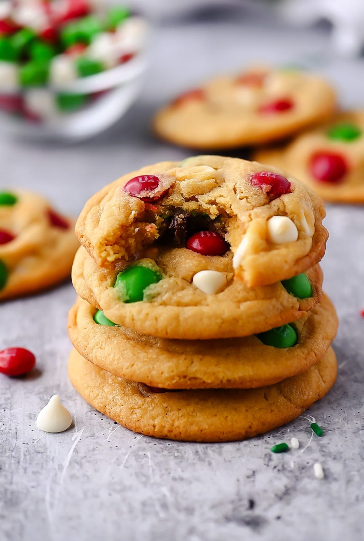 Chewy and delicious Christmas Cookies with M&Ms and white chocolate chips.